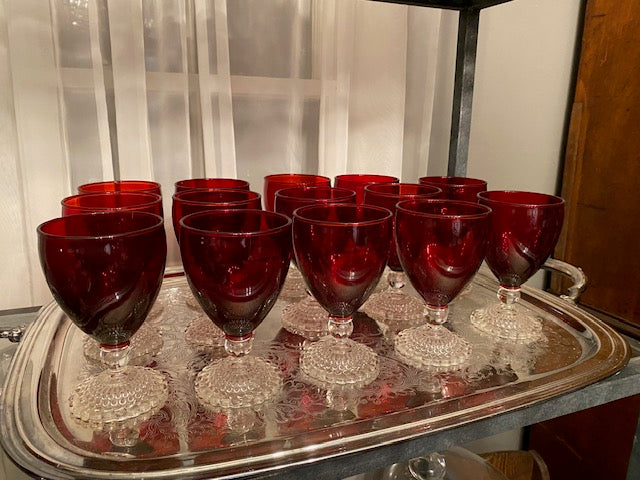 Ruby Red Goblets with Clear Hobnail Stems – Multiple Set Options (American, 1940’s)