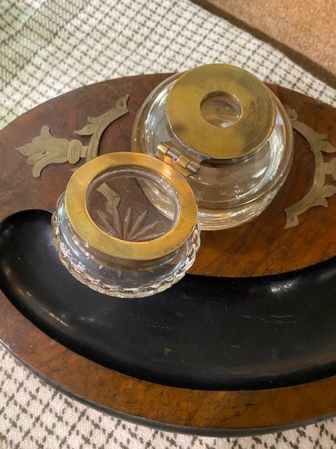 Large Wooden Ink Stand with Glass Inkwell & Brass Details – England, 1930’s