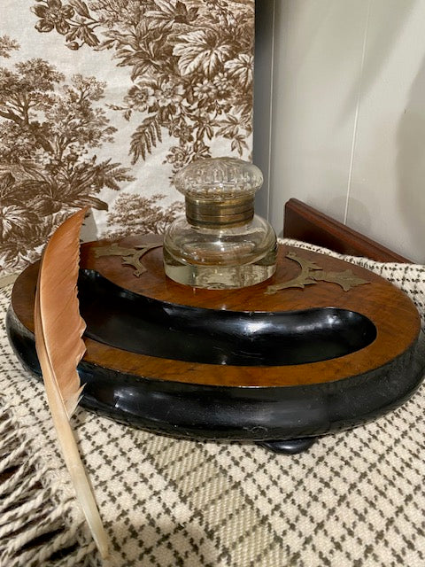 Large Wooden Ink Stand with Glass Inkwell & Brass Details – England, 1930’s