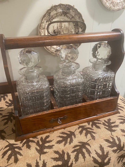 Oak & Pressed Glass Tantalus with Brass Detailing and Key – England, Early 1900’s
