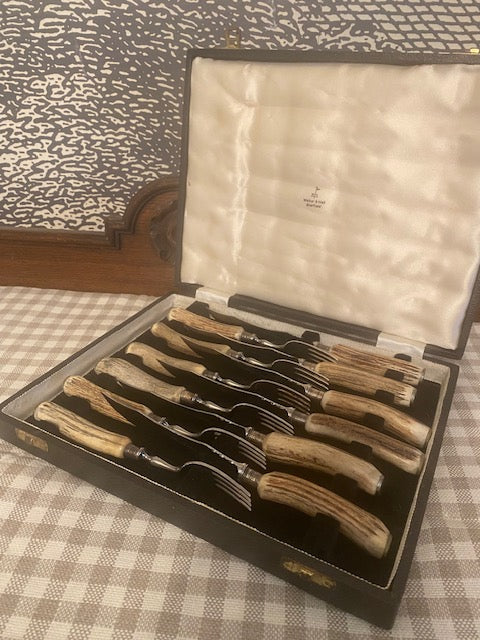 Vintage Antler-Handled Knife & Fork Set (12 Pieces) – Walker & Hall, Early 1900’s