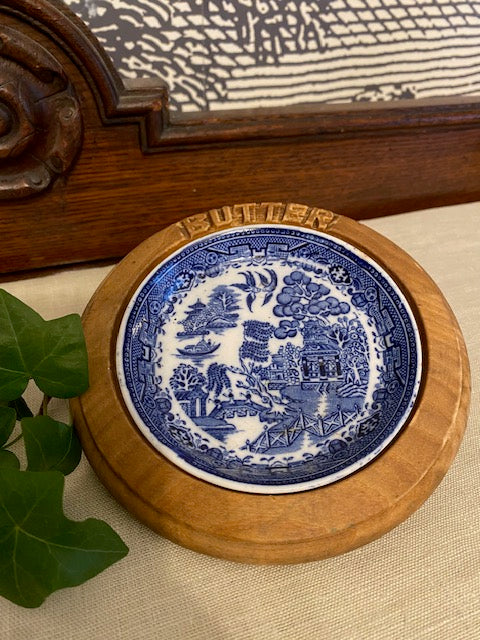 Vintage Blue Willow Butter Dish with Carved Wooden Base