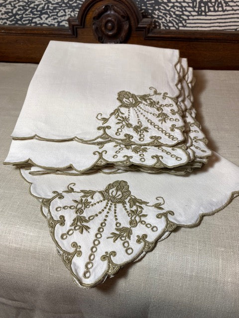 Set of 10 Ecru Linen Napkins with Taupe Embroidery
