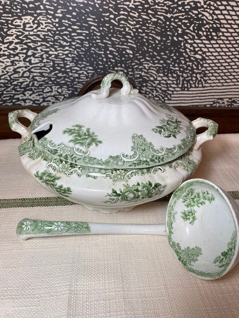 Antique Green Transferware Covered Tureen with Matching Ladle