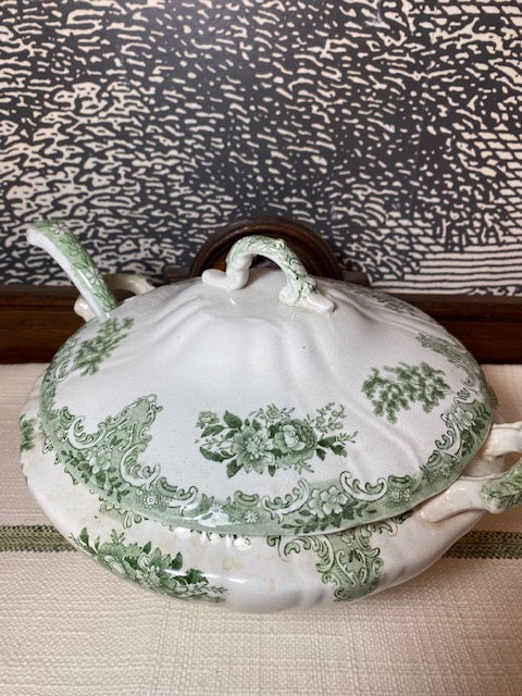 Antique Green Transferware Covered Tureen with Matching Ladle