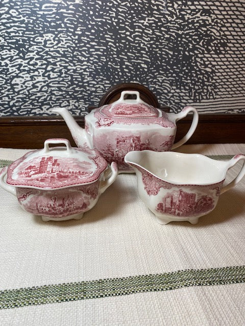 Red Transferware Tea Set – Johnson Bros. “Farnham Castle 1792” (3-Piece)