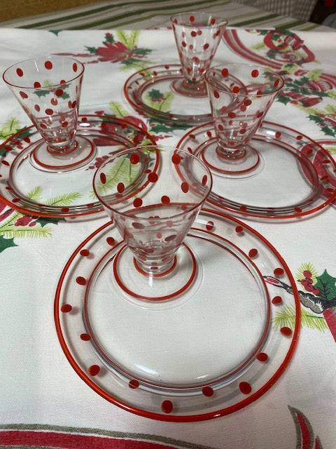 Vintage Red Polka-Dot Glass Snack Set (4-Piece Set)
