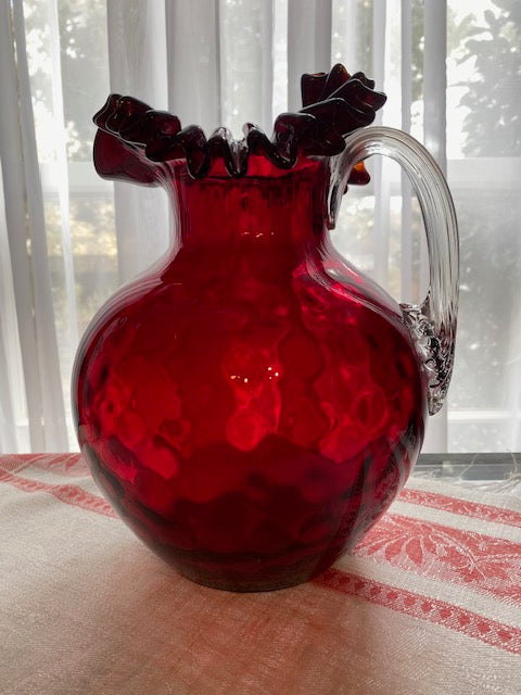 Ruffled Ruby Red Pitcher – Thumbprint Blown Glass (American, 1930’s)