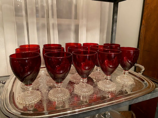 Ruby Red Goblets with Clear Hobnail Stems – Multiple Set Options (American, 1940’s)