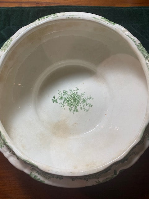 Antique Green Transferware Covered Tureen with Matching Ladle