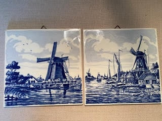 Set of 2 Handmade Delft Porcelain Windmill Tiles – 6” x 6”