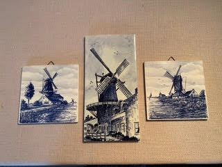 Set of 3 Handmade Delft Porcelain Tiles Featuring Windmills
